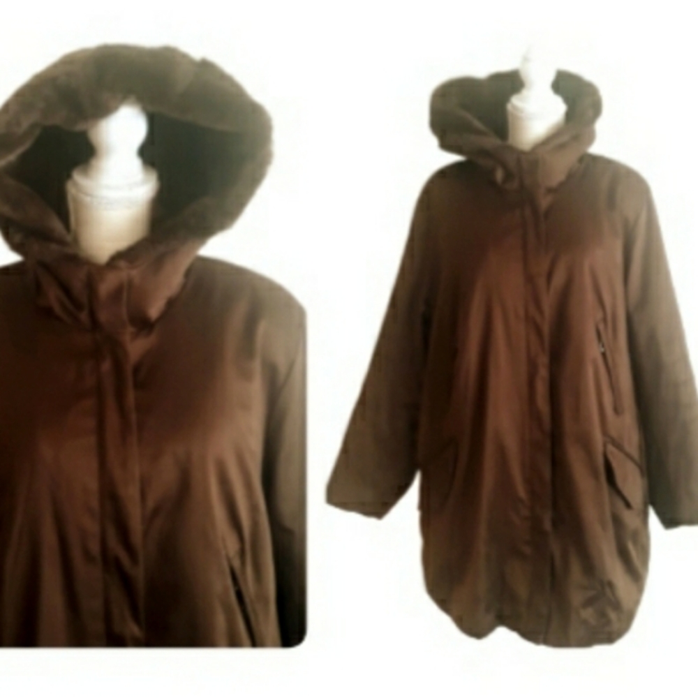 Jones New York Satin Faux Fur Hooded Jacket- Size 1X Plus Size Brown Winter Coat